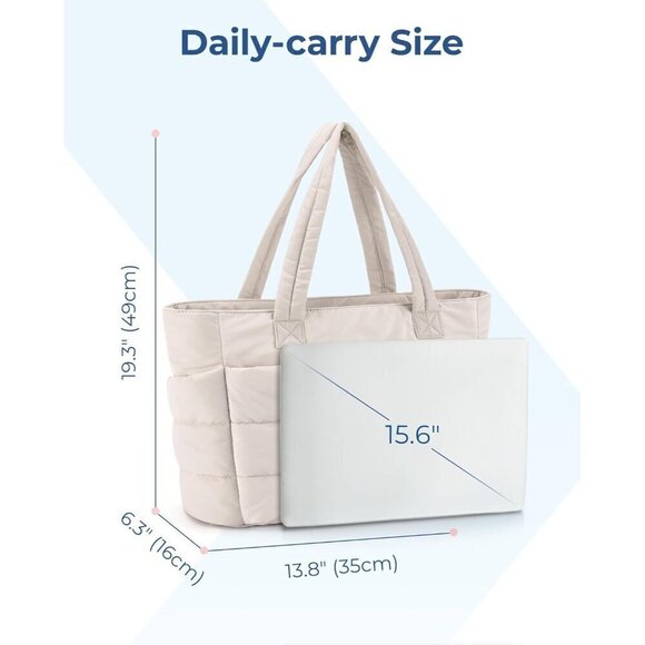 Women White Lightweight Puffy Tote Bag with Compartments, Quilted Shoulder Bag - Picture 7 of 7